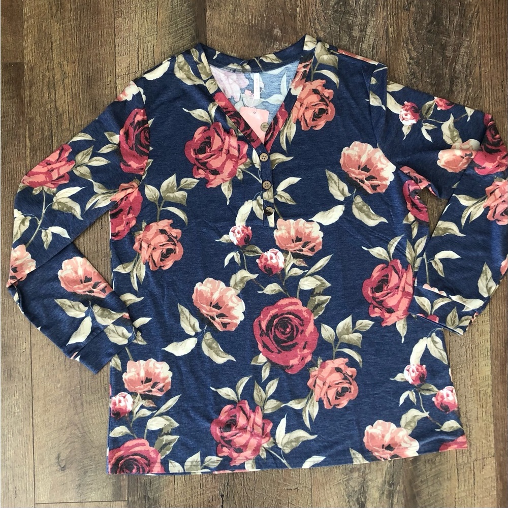 BISHUIGE Women’s Long Sleeve Henley V-Neck Tunic Tops XL – Blue Floral